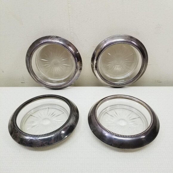 4 Sterling Silver Frank M Whiting Glass Coasters Vintage Sunburst MCM Home Decor - Picture 1 of 5